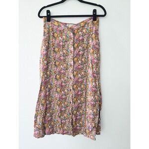 Christopher & Banks Floral Button Front Midi Skirt Pink Gold Cottagecore Size 8